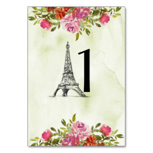 Numéro De Table Aquarelle verte Florale Tour Eiffel