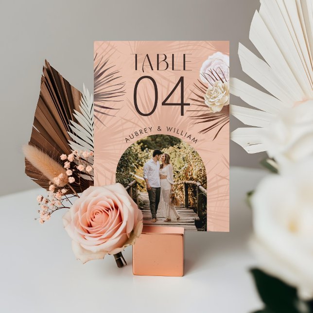 Numéro De Table Arc moderne Photo Bohème Bohème Aquarelle Flores (Modern Arch Photo Bohemian Boho Watercolor Florals Table Number)