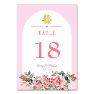 Numéro De Table Arche fleurie rose blanc mariage chinois double xi