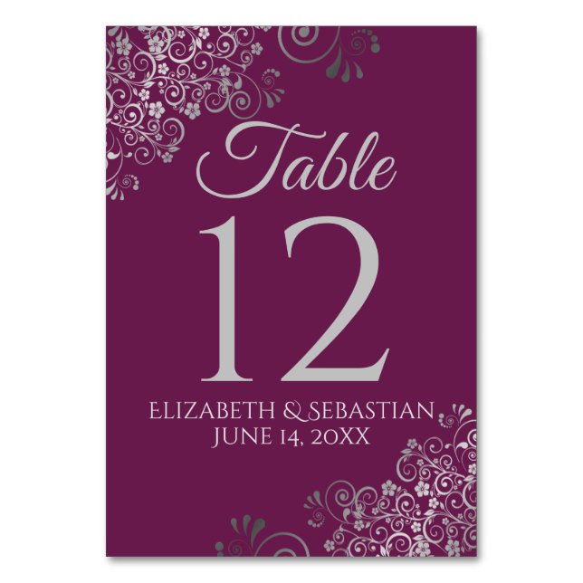 Numéro De Table Argent sur Cassis Purple Élégant Mariage de Filigr (Par défaut)