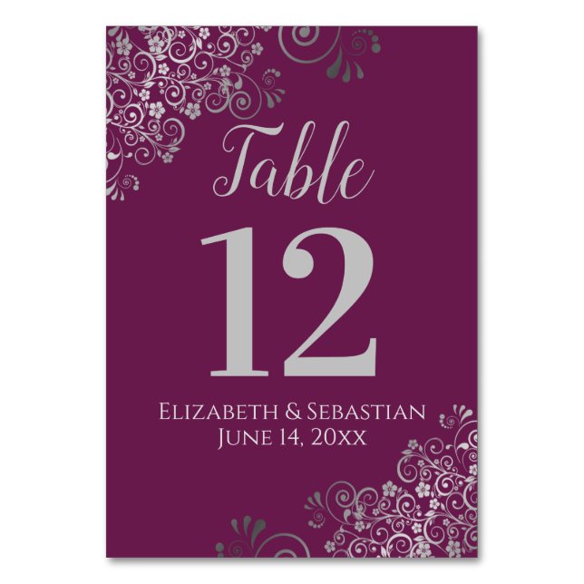 Numéro De Table Argent sur Cassis Purple Élégant Mariage Frilly (Par défaut)