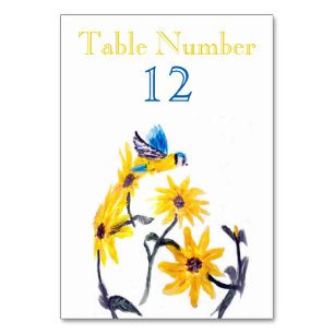 Numéro De Table Art Floral Oiseaux, Fleurs de soleil bleu Tit