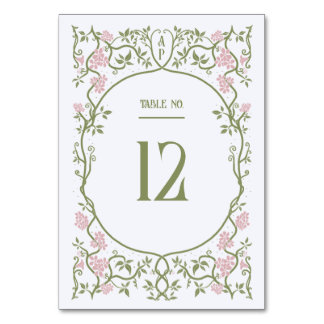 Numéro De Table Art Nouveau Floral rose et vert Mariage