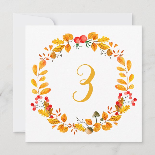 Numéro de table automnal jaune. Mariage d'automne  (Devant)