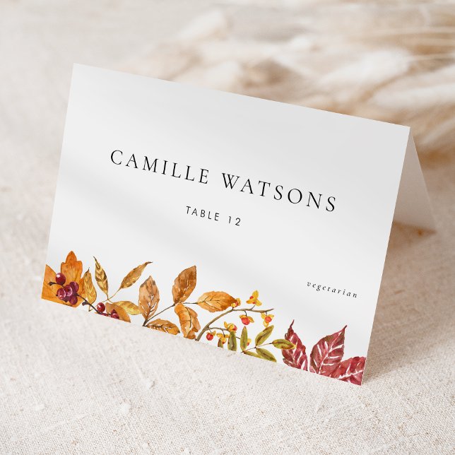 Numéro De Table Automne Feuilles Repas Mariage de automne Choix Ca (Customizable Fall Wedding Place Card with Meal Choice featuring Watercolor Autumn Foliage)
