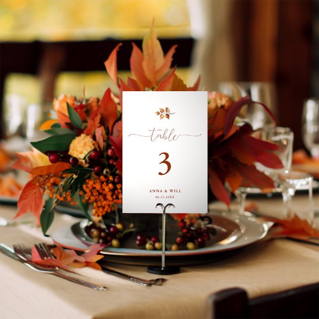 Numéro De Table Automne Feuilles Terracotta Élégant Mariage classi (autumn leaves fall wedding table number elegant romantic calligraphy terracotta burnt orange classy)