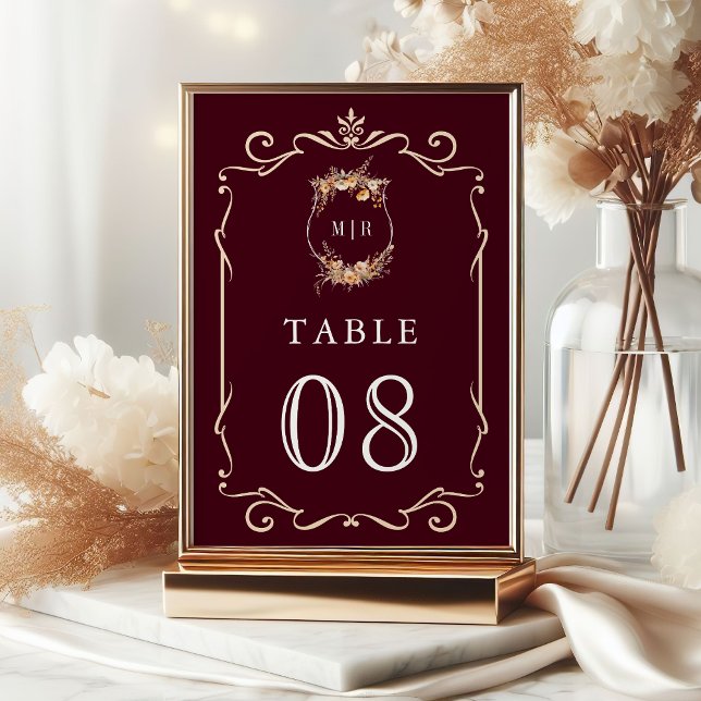 Numéro De Table Automne Fleur sauvage Crest Bourgogne Mariage (Créateur téléchargé)