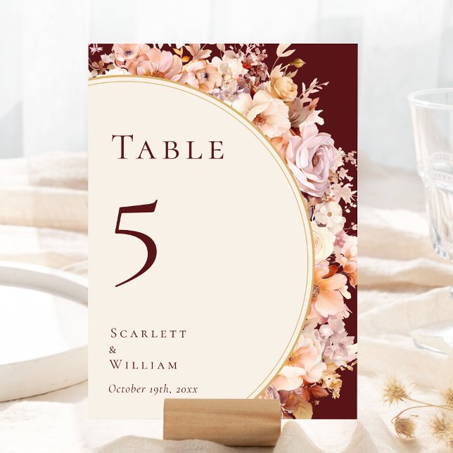 Numéro De Table Automne Floral Bourgogne Mariage de crème (Créateur téléchargé)
