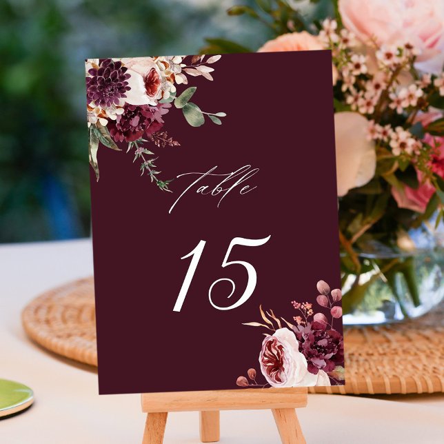 Numéro De Table Automne Romance Bourgogne Floral Mariage (Créateur téléchargé)