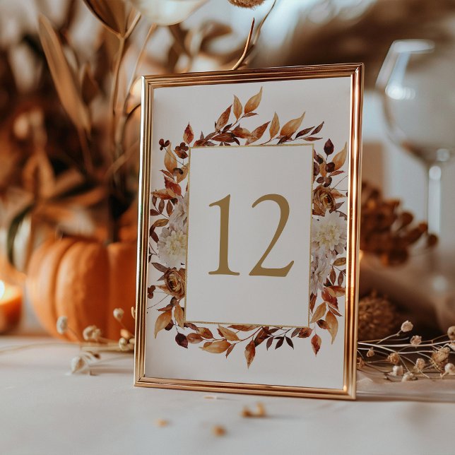 Numéro De Table Automne Terracotta Feuille Mariage botancien (Elegant Fall Terracotta Leaves Botancial Wedding Table Number Sign by Painted Paperie
)