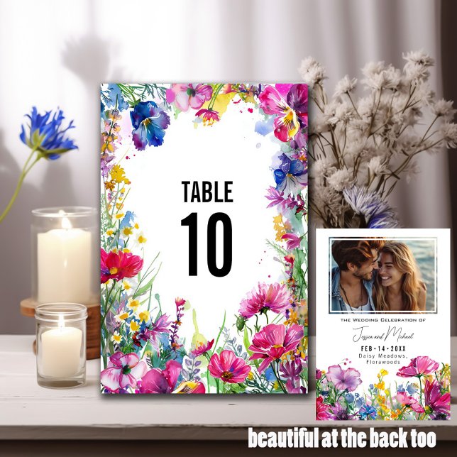 Numéro De Table Avec Photo 2 côtés Fleurs de pré (With Photo double sided Meadow Blooms Table Number)
