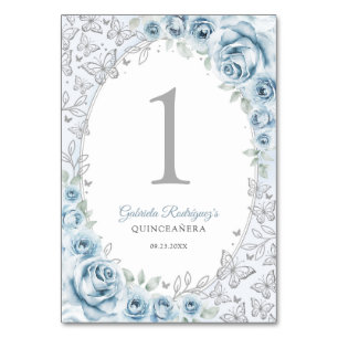 Numéro De Table Baby Blue Argent Floral Quinceanera