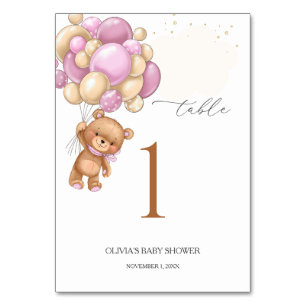Numéro De Table Baby shower des ballons roses de l'ours en peluche