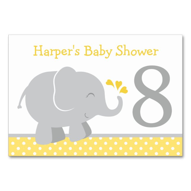 Numéro De Table Baby-Shower Moderne Éléphant Jaune et Gris (Dos)