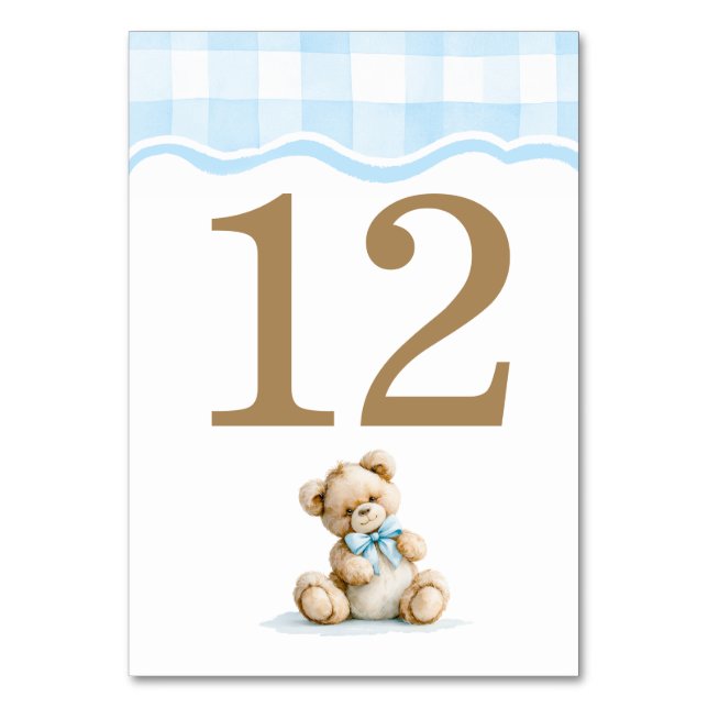 Numéro De Table Baby-Shower Ourson et Gingham Bleu Clair (Par défaut)