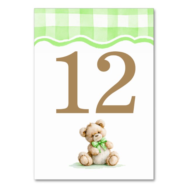 Numéro De Table Baby-Shower Ourson et Gingham Vert Clair (Par défaut)