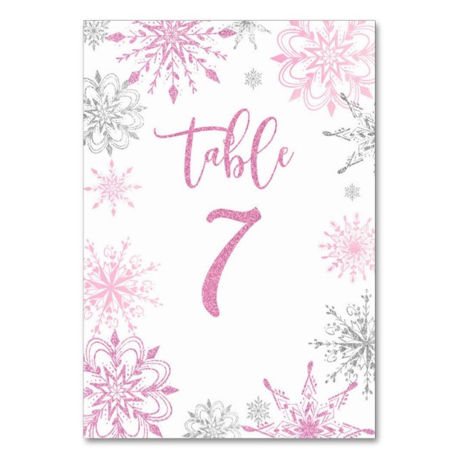 Numéro De Table Baby shower sept flocons d'argent rose (Dos)