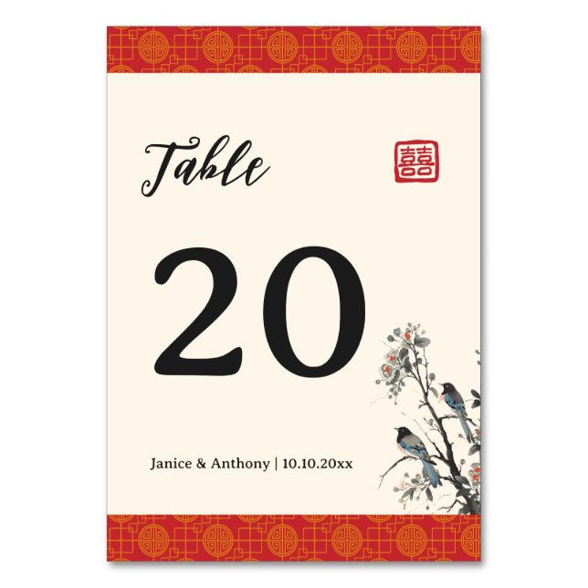 Numéro De Table Banquet de mariage chinois moderne aux oiseaux flo (Par défaut)