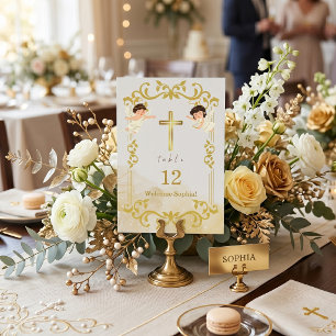 Numéro De Table Baptême  Croix d'or Anges Christening sur mesure