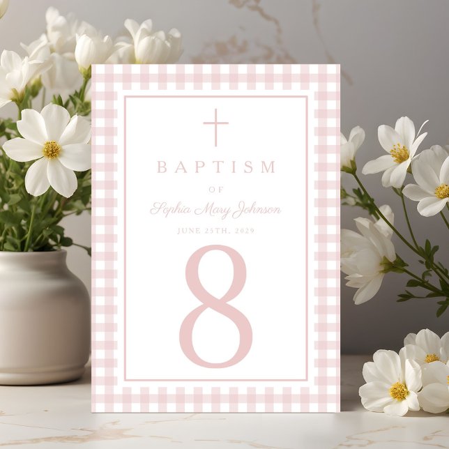 Numéro De Table Baptême élégant de fille au vichy rose (Elegant Pink Gingham Girl Baptism Table Number)