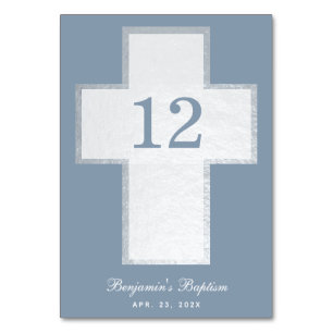 Numéro De Table Baptême Garçon Dusty Croix Bleue Bleue Faux Argent