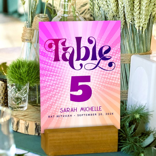 Numéro De Table Bat Mitzvah Gras Rétro Bohème Dégradé Rose Orange (Créateur téléchargé)