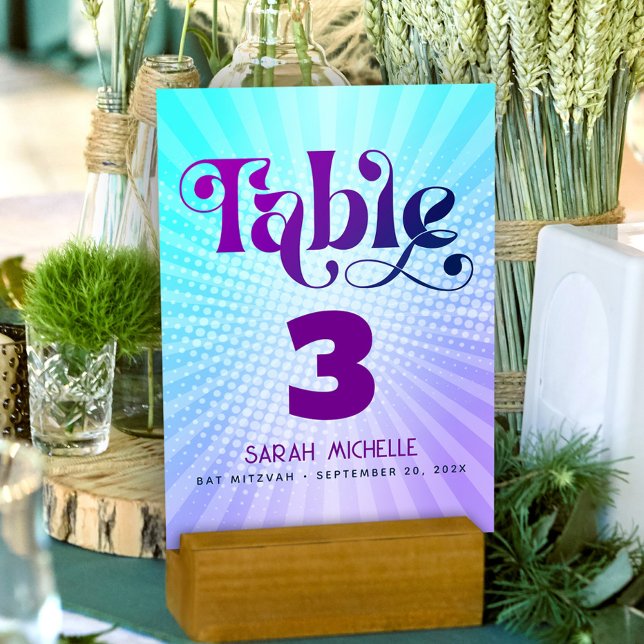 Numéro De Table Bat mitzvah Gras Rétro Boho bleu violet dégradé (Créateur téléchargé)
