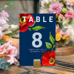 Numéro De Table Bat mitzvah Marine Bleu Rouge Floral Aquarelle mod<br><div class="desc">Aucun Bat mitzvah n'est complet sans carte de numéro de table personnalisée. Laissez votre Bat mitzvah préféré être fier, se réjouir et célébrer son jalon à sa fête parfaitement coordonnée. Cette aquarelle florale rouge sophistiquée, chic et étonnante, de type san serif moderne recouvre un arrière - plan bleu marine foncé....</div>