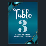 Numéro De Table Bat mitzvah Moderne Turquoise Ombre Agate Script<br><div class="desc">Aucun Bat mitzvah n'est complet sans carte de numéro de table personnalisée. Laissez votre fille être fière, réjouissez-vous et fêtez son jalon à sa fête parfaitement coordonnée. Scénario de calligraphie blanche, typographie bleu turquoise clair et blanc, roches d'agate bleu turquoise accentuées de veines d'or faux superposent un arrière - plan...</div>