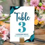 Numéro De Table Bat Mitzvah Moderne Turquoise Teal Agate Script<br><div class="desc">Aucune fête de Bat Mitzvah n'est complète sans cartes de numéros de table personnalisées. Laissez votre fille être fière, se réjouir et célébrer son étape importante lors de sa fête parfaitement coordonnée. Un script de calligraphie bleu sarcelle foncé, une typographie bleu turquoise et bleu sarcelle, et des roches d'agate bleu...</div>