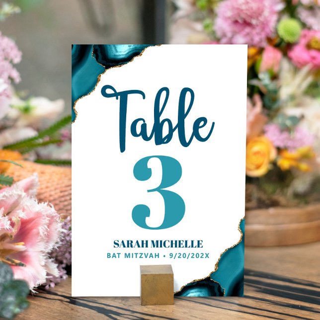 Numéro De Table Bat Mitzvah Moderne Turquoise Teal Agate Script (Créateur téléchargé)
