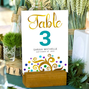 Numéro De Table Bat Mitzvah Turquoise Blanc Or Feuille Arbre de Vi