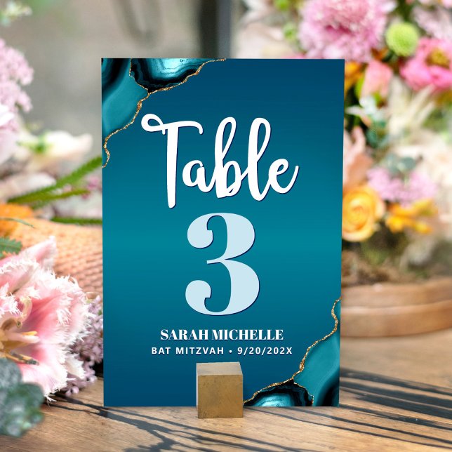 Numéro De Table Bat Mitzvah Turquoise Ombré Agate Écriture Moderne (Créateur téléchargé)