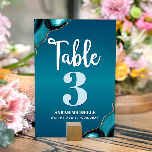 Numéro De Table Bat mitzvah Turquoise Ombre Agate Script moderne