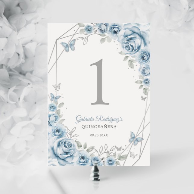 Numéro De Table Bébé Bleu Argent Floral Quinceanera (Créateur téléchargé)