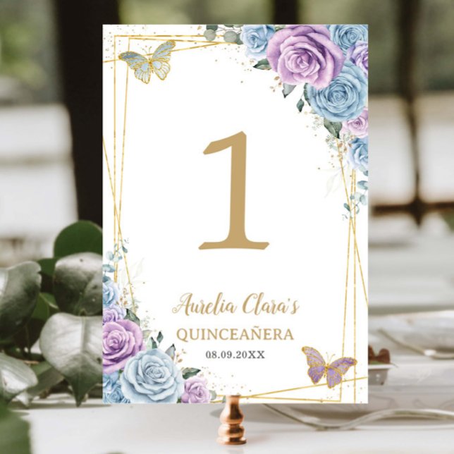 Numéro De Table Bébé Bleu Lilac Floral Or Quinceañera Sweet 16 (Créateur téléchargé)