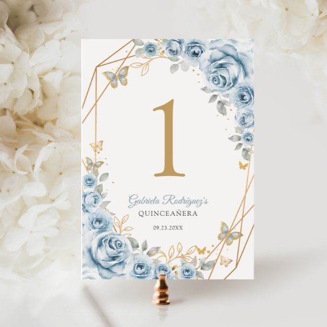 Numéro De Table Bébé Bleu Or Floral Quinceanera (Créateur téléchargé)