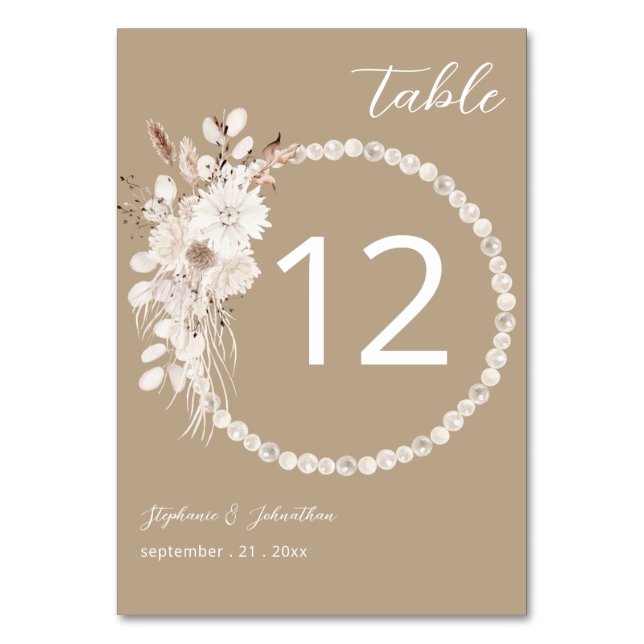 Numéro de table beige et floral blanc perles (Par défaut)