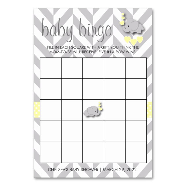 Numéro De Table Bingo Baby shower Eléphant Jaune et Gris Douce (Par défaut)