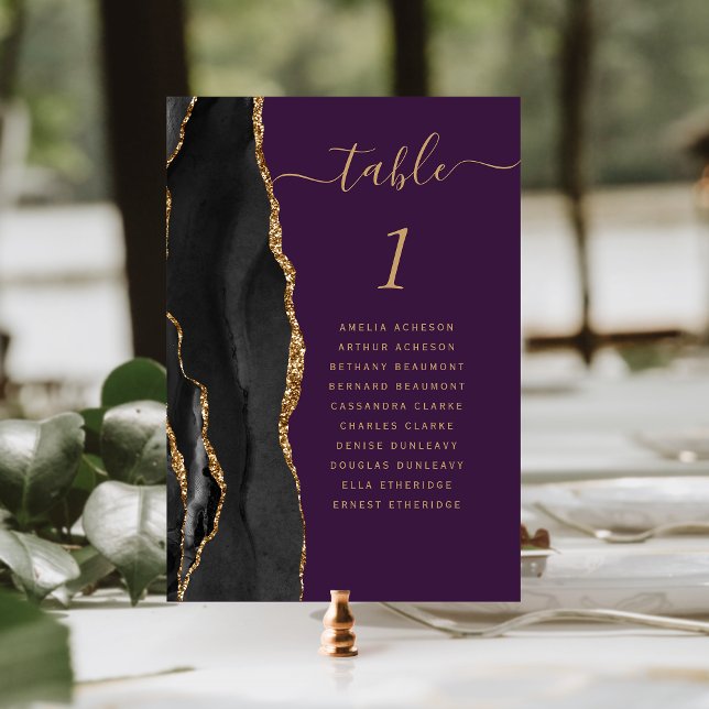 Numéro De Table Black Gold Agate Profond violet Mariage (Créateur téléchargé)