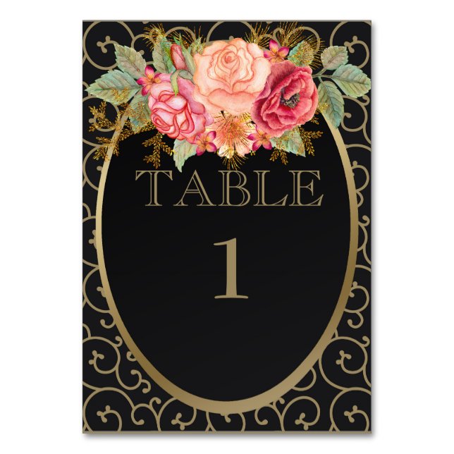 Numéro De Table Black Gold avec Roses rouges roses roses roses ros (Par défaut)
