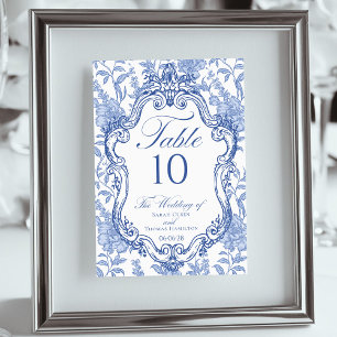 Numéro De Table Blason de mariage Delft Bleu Floral Écriture Éléga