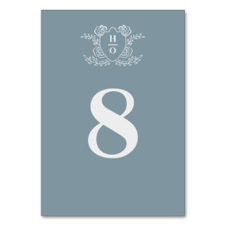 Numéro De Table Blason Floral Monogramme Bleu Mariage Vintage