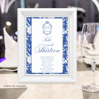 Numéro De Table Blason Monogramme Fleurs Bleues Script Treize 8 No