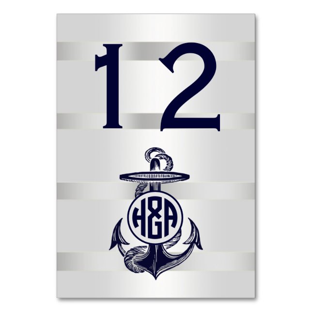 Numéro De Table Bleu Ancre Argent Blanc Marine Monogramme 33 (Par défaut)