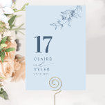 Numéro De Table Bleu Dusty Élégant, Mariage botanique minimal<br><div class="desc">Guidez vos invités à leur table avec cette élégante carte de numéro de table bleu mariage poussiéreux. Design élégant et simple avec des noms sur le côté avec le "et" dans la calligraphie manuscrite moderne. Détail délicat du coin botanique dessiné à la main. Veuillez placer une commande individuelle pour "chaque"...</div>