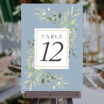Numéro De Table Bleu Dusty Mariage de verdure botanique<br><div class="desc">Dotés de feuilles délicats d'aquarelle sur un arrière - plan bleu poussiéreux,  ces élégants numéros de table botanique peuvent être personnalisés par vous. Conçu par Thisisnotme©</div>