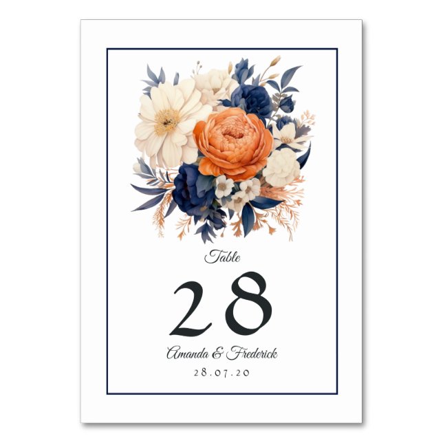 Numéro De Table Bleu marine, orange brûlé et Mariage de fleurs de  (Par défaut)