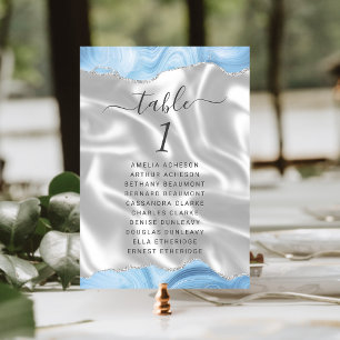 Numéro De Table Bleu pastel bébé argent agate blanc soie mariage