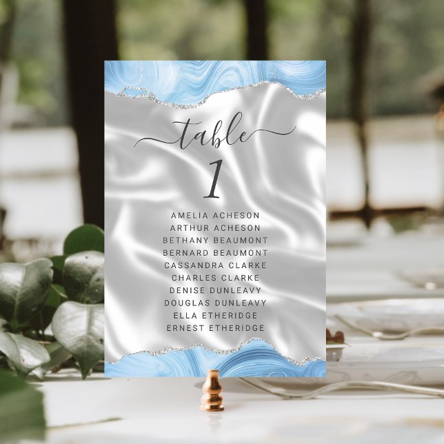 Numéro De Table Bleu pastel bébé argent agate blanc soie mariage (Créateur téléchargé)